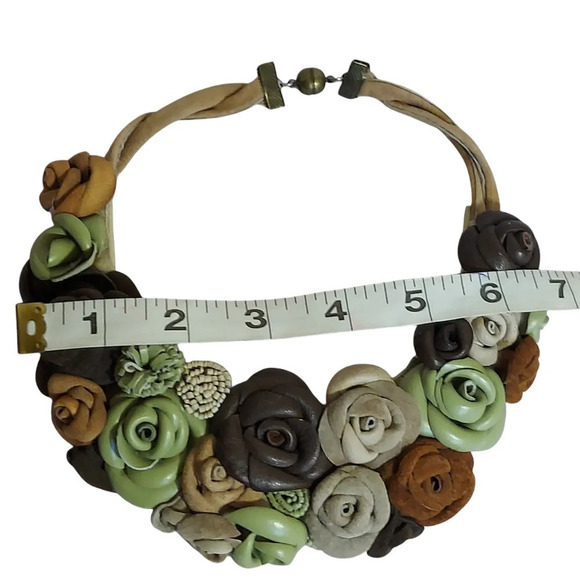 Artisan Leather Suede Floral Choker Green Brown Tan Flowers Magnetic Closure - Picture 9 of 14